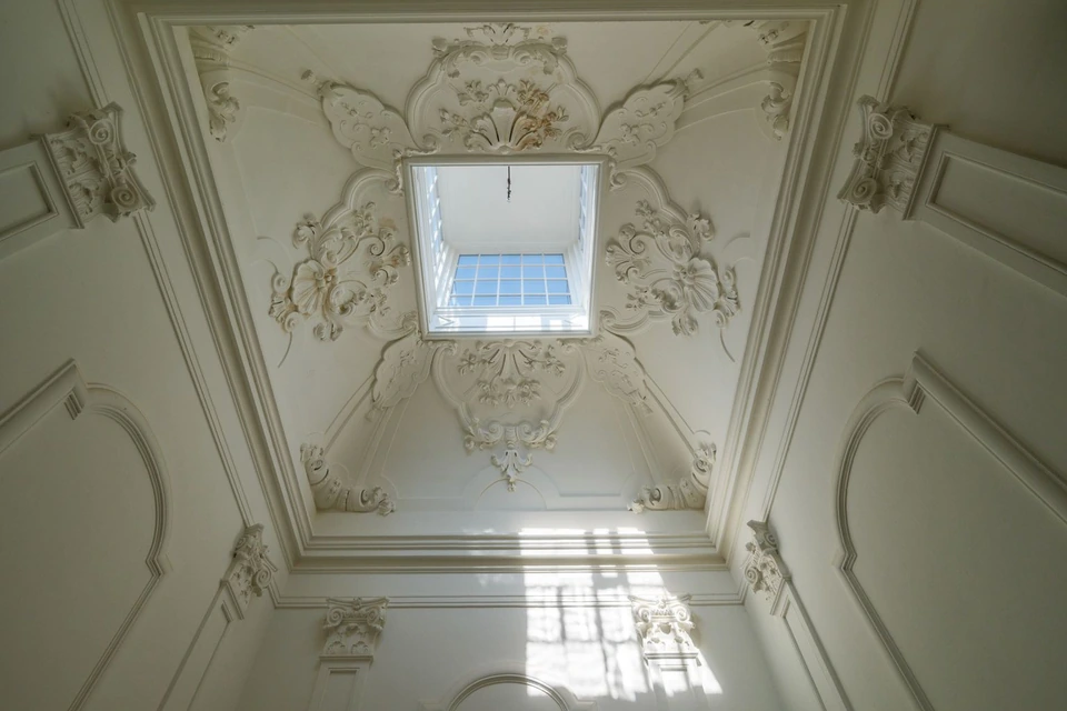 Plafond orné de moulures et de corniches autour d'un puits de lumière